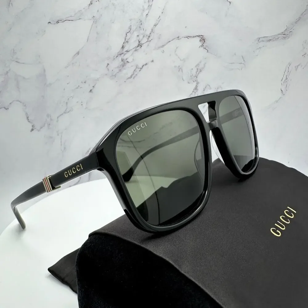 New GUCCI Sunglasses Black Aviator Pilot Gold Logo Metal Red Green Web Gucci